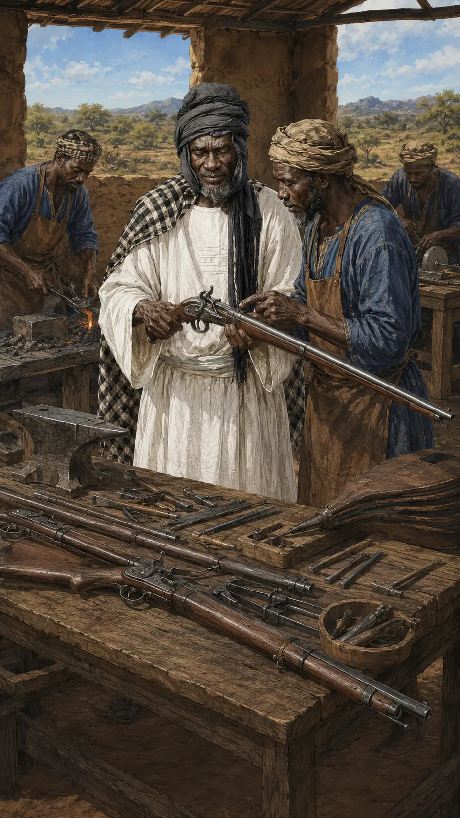 Des artisans du Wassoulou travaillant le métal dans un atelier d’armes