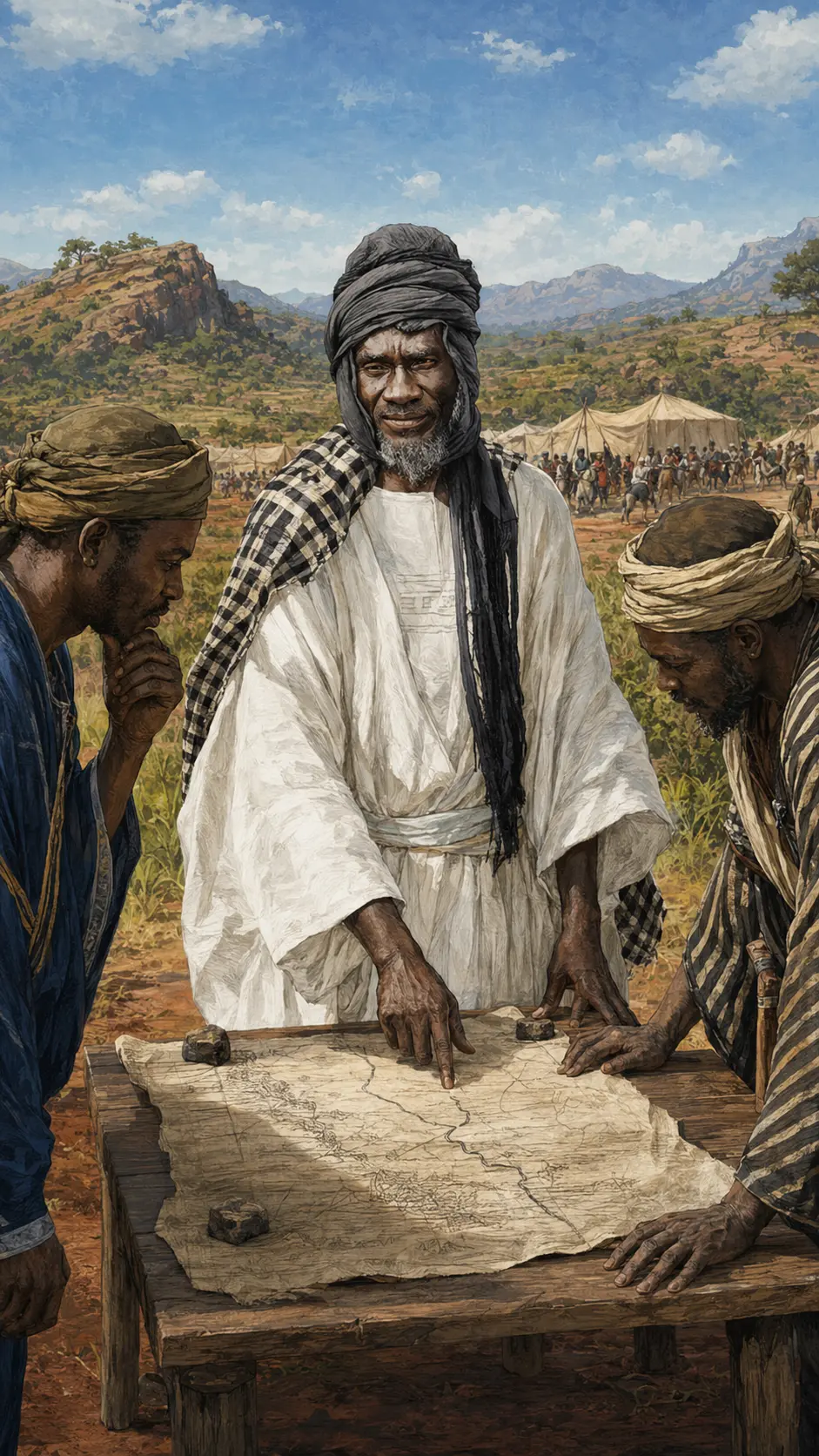 Samory Touré devant une carte, préparant sa stratégie face à la conquête française